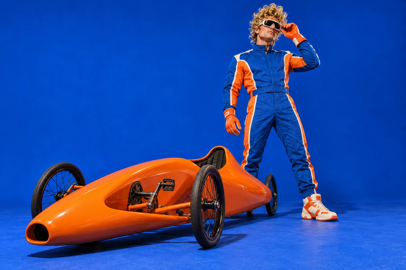 Milo Marlow in oversized white goggles and a cobalt-orange racing suit, standing beside an absurd orange pedal-powered streamliner.