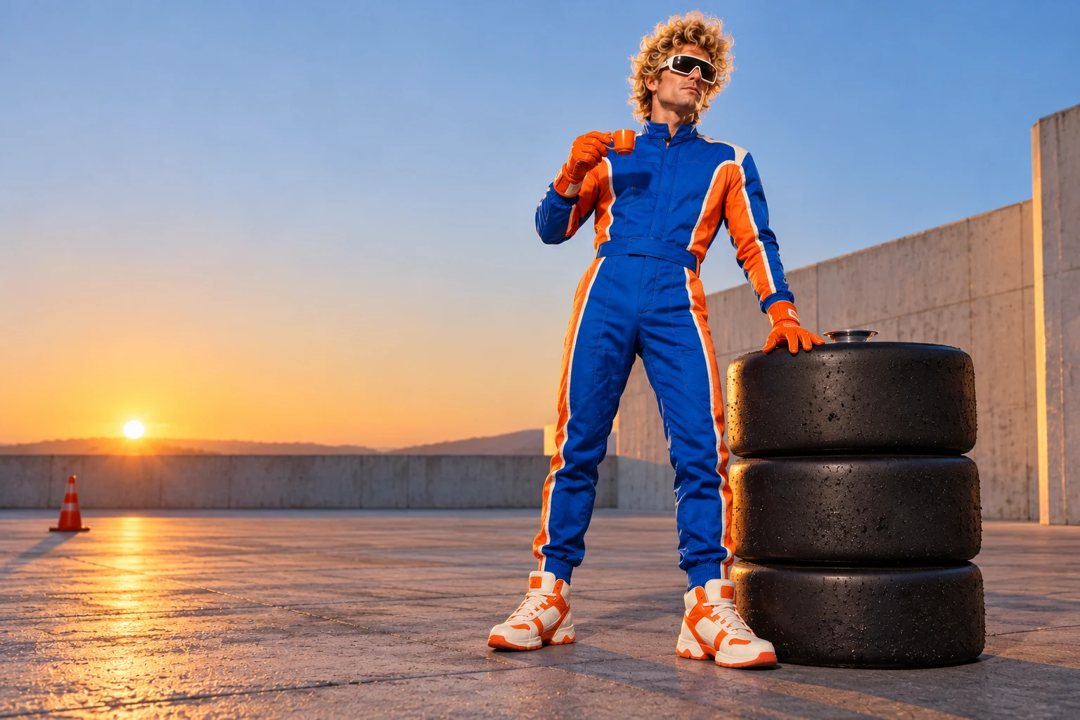 Milo with his tiny espresso at a quiet concrete paddock in early morning light, wearing his unmistakable white goggles and blue-orange suit.