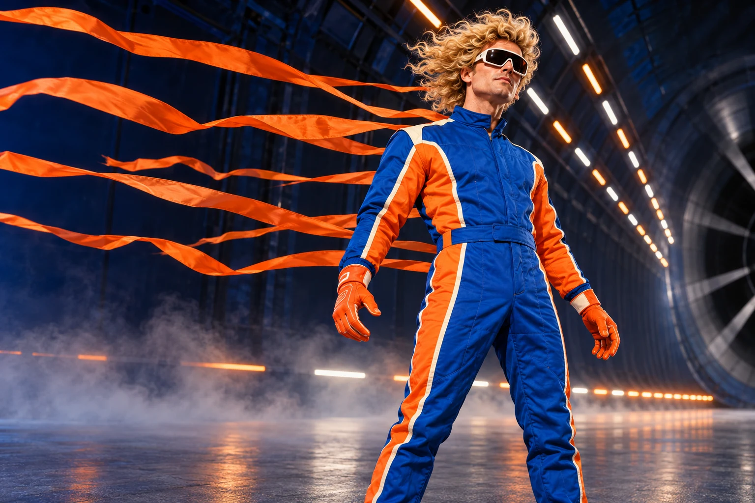 Milo Marlow testing an exaggerated headwind in a cobalt-lit wind tunnel, blond curls and orange streamers whipping through the air.