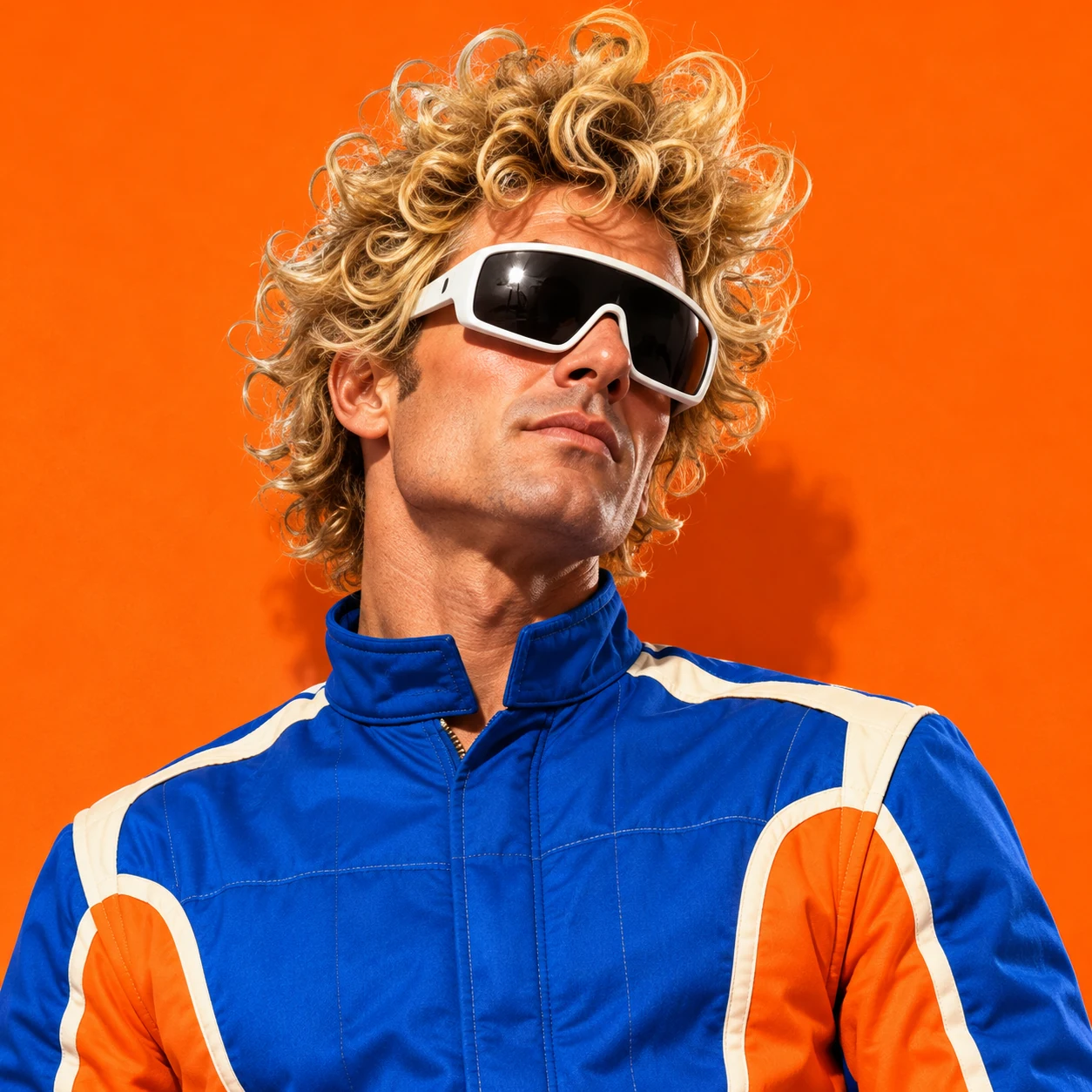Square portrait of Milo Marlow with curly blond hair, giant white wraparound glasses and a cobalt-orange racing suit.